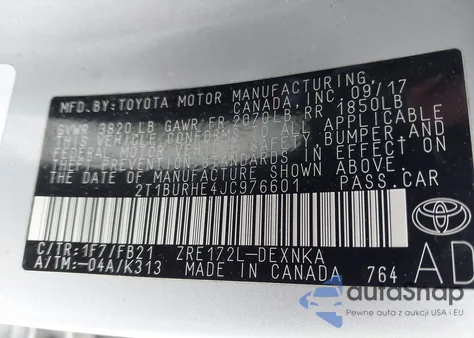 2018 Toyota Corolla Le из США, поврежденный, VIN 2T1BURHE4JC976601